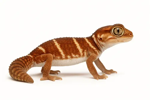 Georgian gecko with bright stripes and large eyes on a neutral background