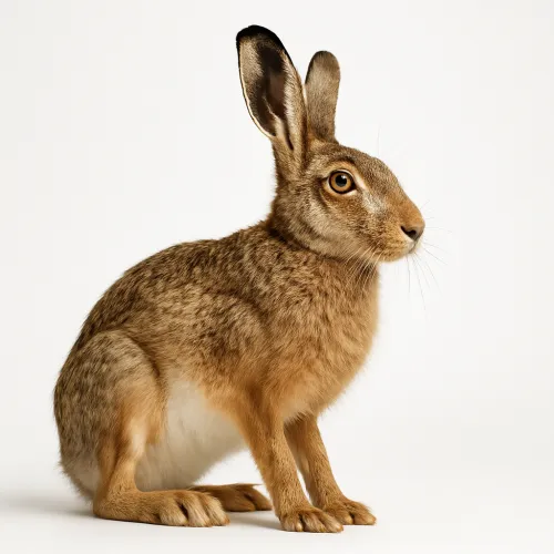 Close-up of a side view of a gray hare with large ears and expressive eyes