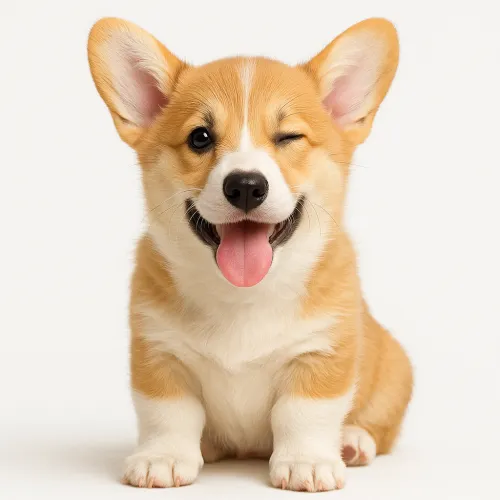 Funny Corgi puppy with a paw on its chin and winking