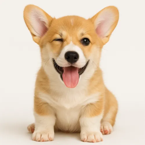 A corgi puppy smiling and winking against a light background