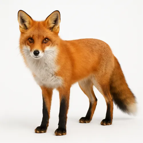 Next to the fox standing on a white background, its bright features are visible.
