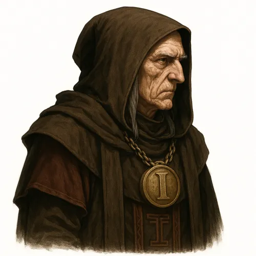 Image of an elderly man in a dark hood with a medallion