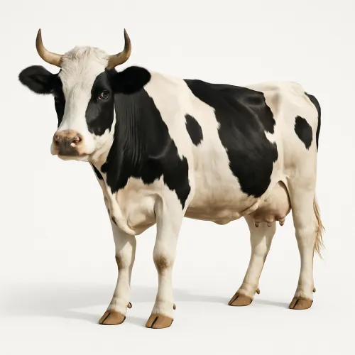 Vaca realista de pelaje blanco y negro sobre un fondo neutro