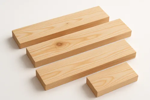 Cuatro bloques de madera con diversas dimensiones y texturas sobre un fondo claro