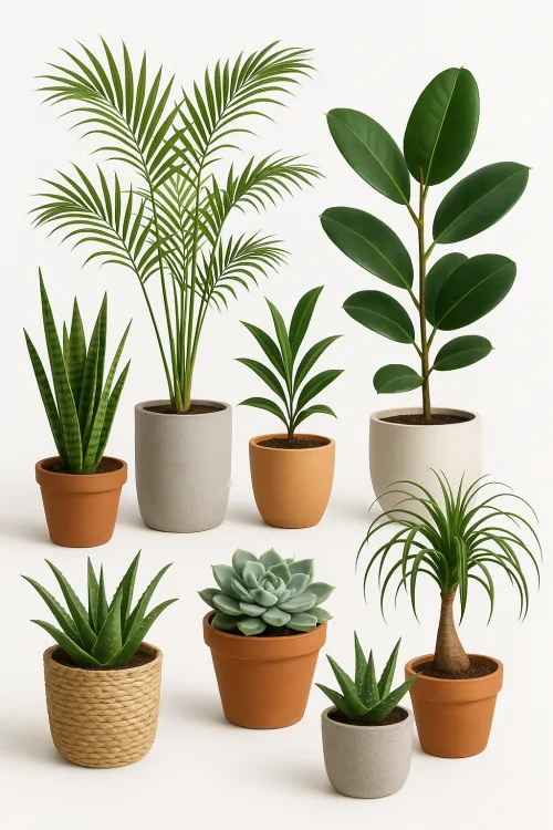 Diverse indoor plants displayed in various decorative pots on a neutral background