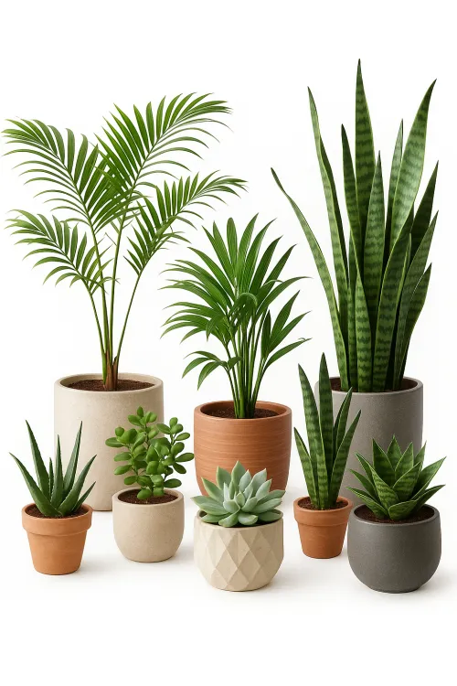 Variety of houseplants placed in stylish pots of different shapes and sizes