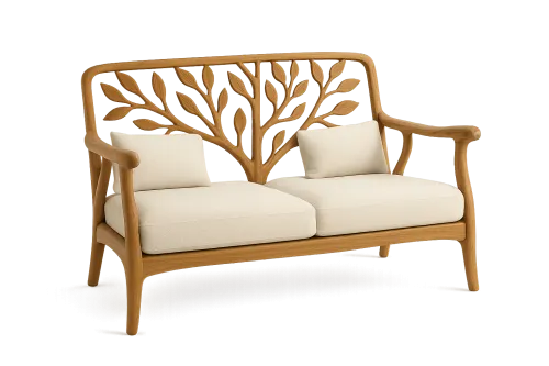Wooden sofa with leaf pattern and soft cushions