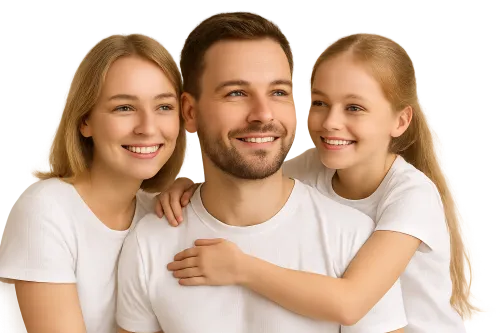 Счастливые мама, папа и дочь улыбаются вместе на светлом фоне