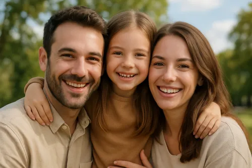 Семейная фотография с улыбающимися родителями и дочерью в парке