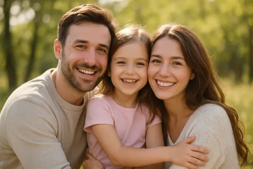 Happy parents and their daughter enjoying time together in nature