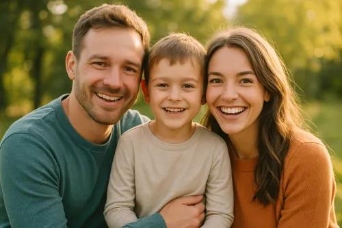 Happy parents with a smiling son against a backdrop of a green park