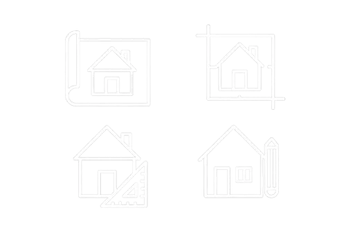Conjunto de íconos que representan casas y planos de edificios