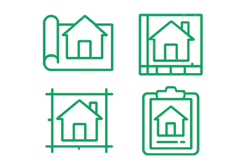 A set of icons depicting house plans and design