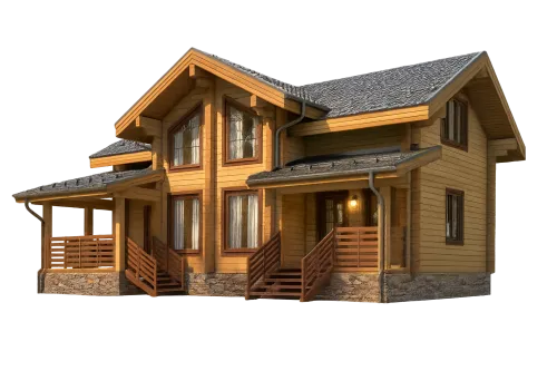Wooden house with a porch and large windows
