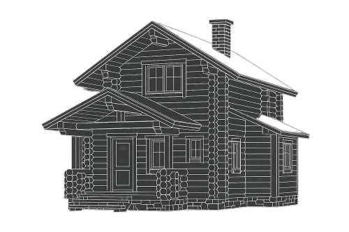 Blueprint of a wooden house with a stone foundation and a gable roof
