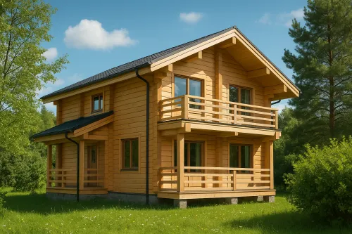 Wooden house with balconies next to green trees and grass