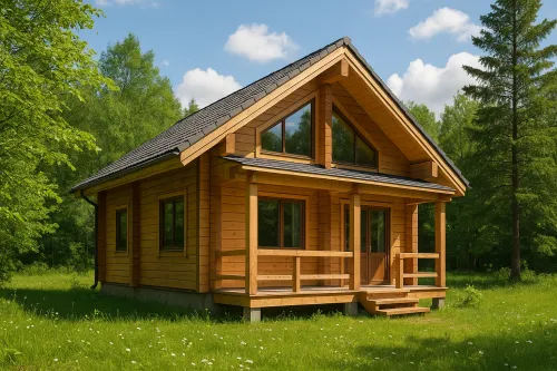 Casa de madera con porche en un césped verde rodeado de árboles
