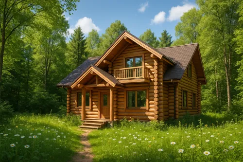 Casa de madera con balcón frente a un bosque verde y flores