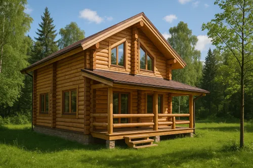 Wooden house with large windows against the backdrop of a green forest