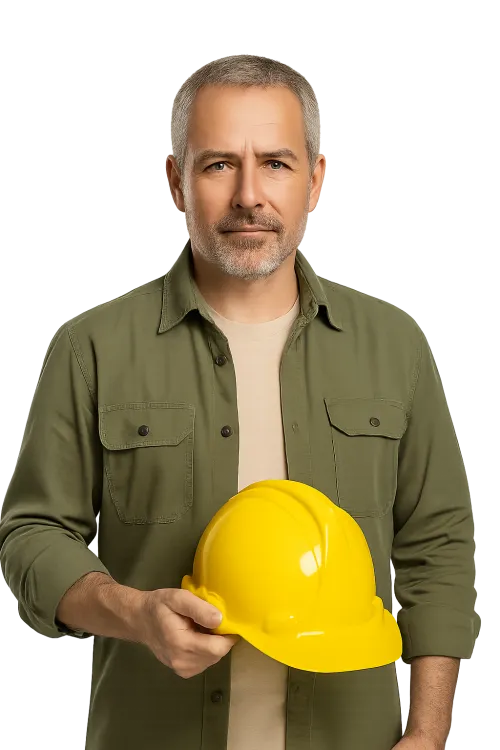 Image of a male builder holding a yellow helmet with a serious expression