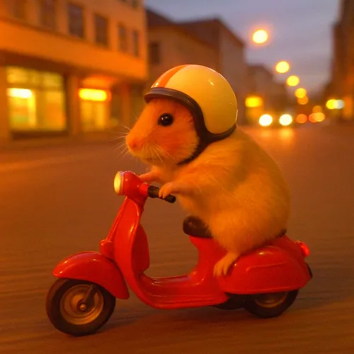 Hámster en casco montando un scooter rojo por la ciudad de noche