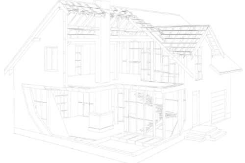 Drawing of the structure of a country house with construction details and sections