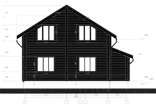 Detailed facade drawing of a house with dimensions and windows