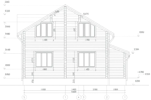 Architectural drawing of the house facade with dimensions and window placements