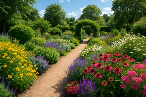 Cozy blooming garden with a variety of flowers and a pathway