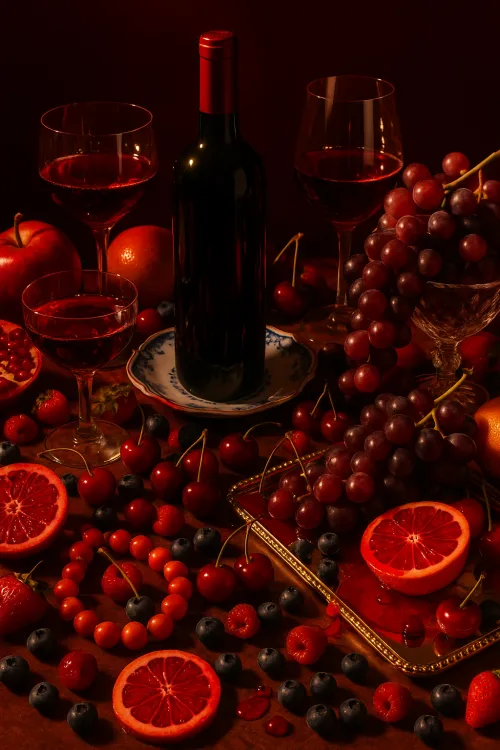 Hermosa naturaleza muerta con una botella de vino tinto y una variedad de frutas de fondo