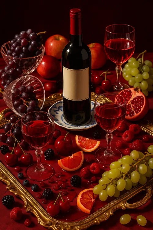 Elegant composition with wine and fresh fruits on the table