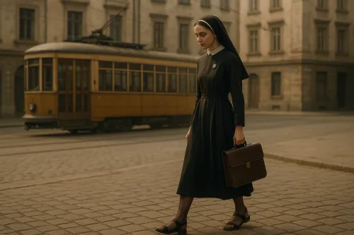 Woman in a nun's habit walking down the street with a suitcase