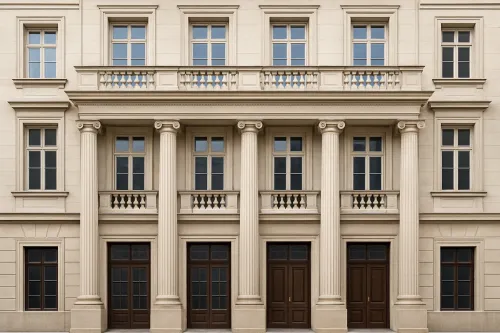 Facade of a building with columns and balconies, designed in a classical style