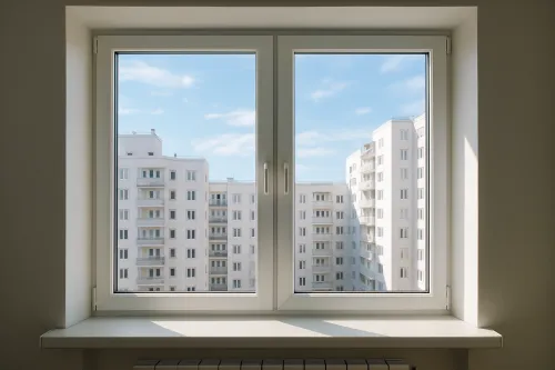 Modern window with a view of apartment buildings on a clear day