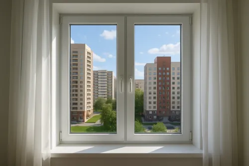 Modern apartments seen through a window with white curtains