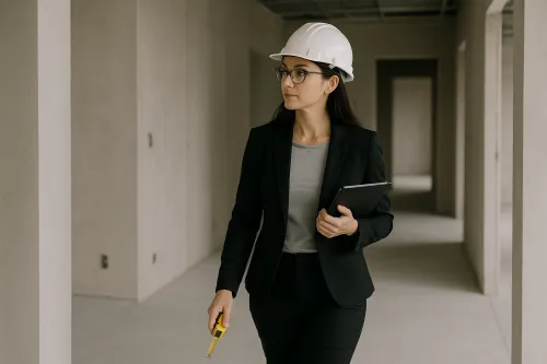 Woman in Business Suit and Hard Hat on Construction Site