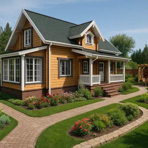 Wooden house with green plantings and a well-kept garden