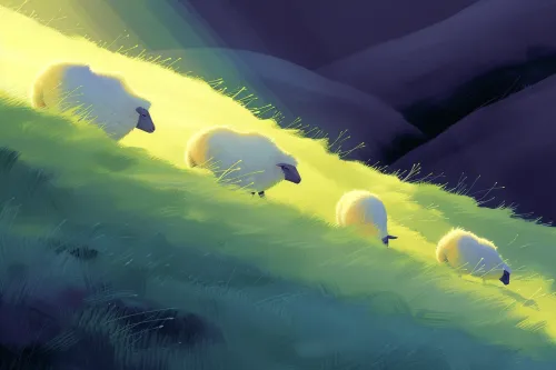 Silhouettes of sheep on a green slope, illuminated by bright light