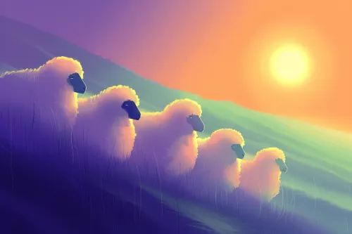 A group of sheep against a colorful sunset with soft light
