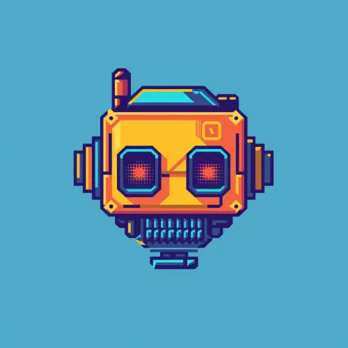 Illustration of a yellow robot with red eyes on a blue background