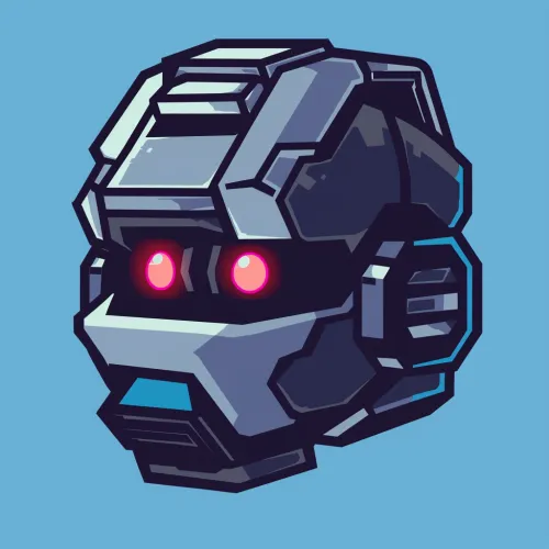 Image of a stylized robot head with glowing red eyes