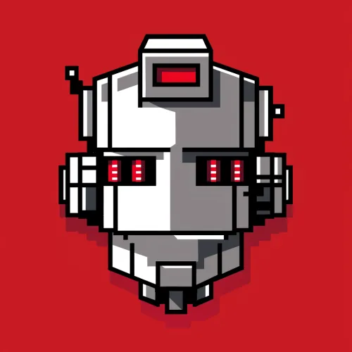 Face of a pixel robot on a bright red background