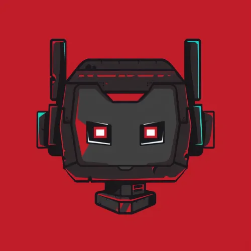 Robot with Expressive Eyes on a Bright Red Background