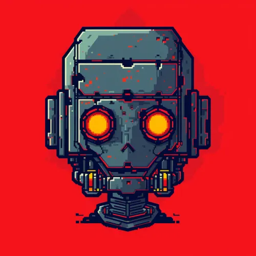 Image of a pixel robot on a bright red background