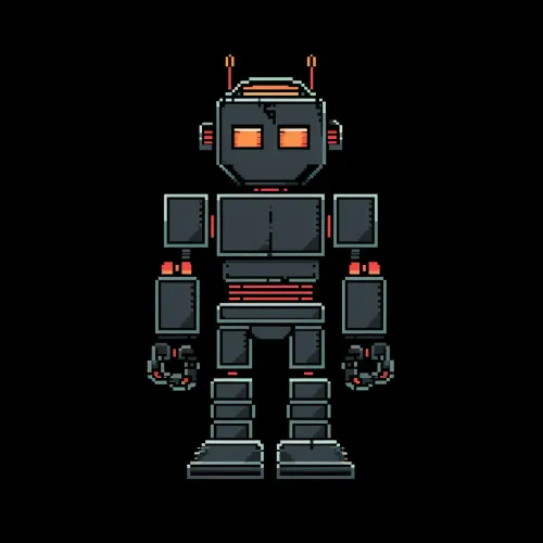 Illustration of a pixel robot with bright elements in 8-bit style