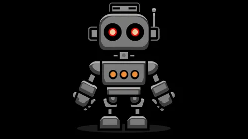 Illustration of a funny robot with glowing eyes on a black background