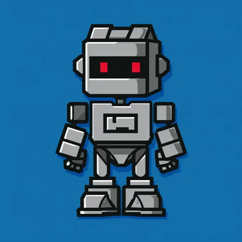 Schematic image of a robot with red eyes on a light blue background