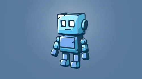Cartoon robot with a square head and body, rendered in blue tones