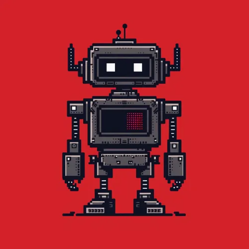 Stylized pixel robot with black details on a red background