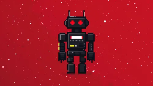 Image of a pixel robot with black detailing on a bright red background